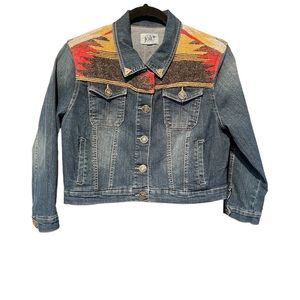Jolt Southwestern Style Jean Jacket Denim Wool Blend Aztec Cropped Silho…